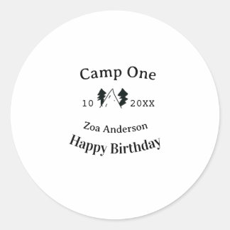 Camp one happy birthday name date campingadventure classic round sticker