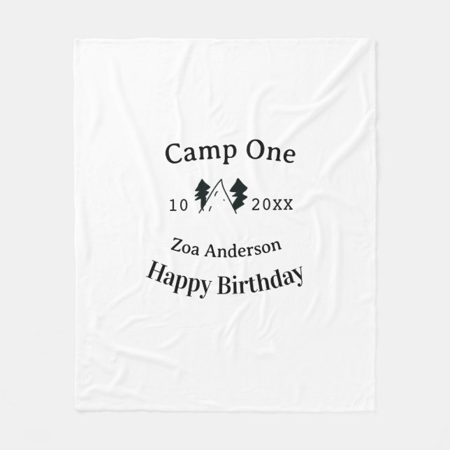Camp one happy birthday name date campingadventure fleece blanket (Front)