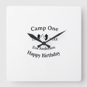 Camp one happy birthday name date campingadventure square wall clock