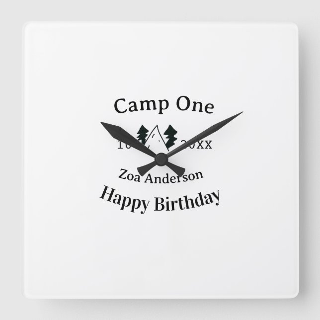 Camp one happy birthday name date campingadventure square wall clock (Front)