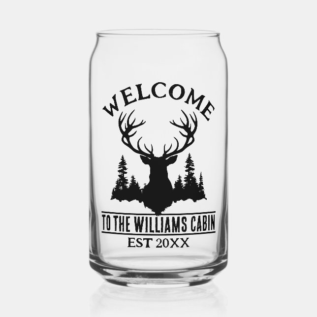 Camp Outdoors Deer Personalised Family Cabin Name Can Glass (Front)