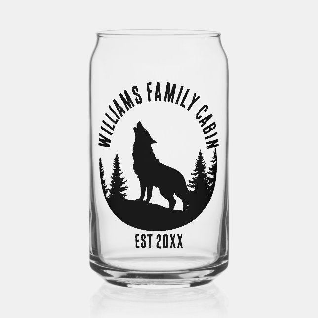 Camp Outdoors Wolf Personalised Family Cabin Name Can Glass (Front)