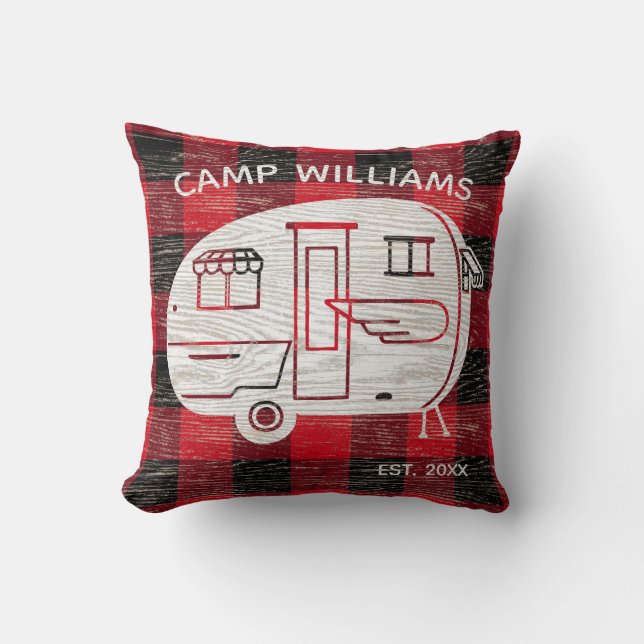 Camp Rustic Red Black Buffalo Plaid Family Name Cushion (Front)