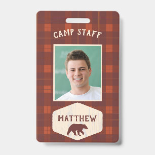 Camp Staff Rustic Flannel and Bear Photo ID Badge