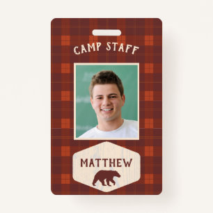 Camp Staff Rustic Flannel and Bear Photo ID ID Badge