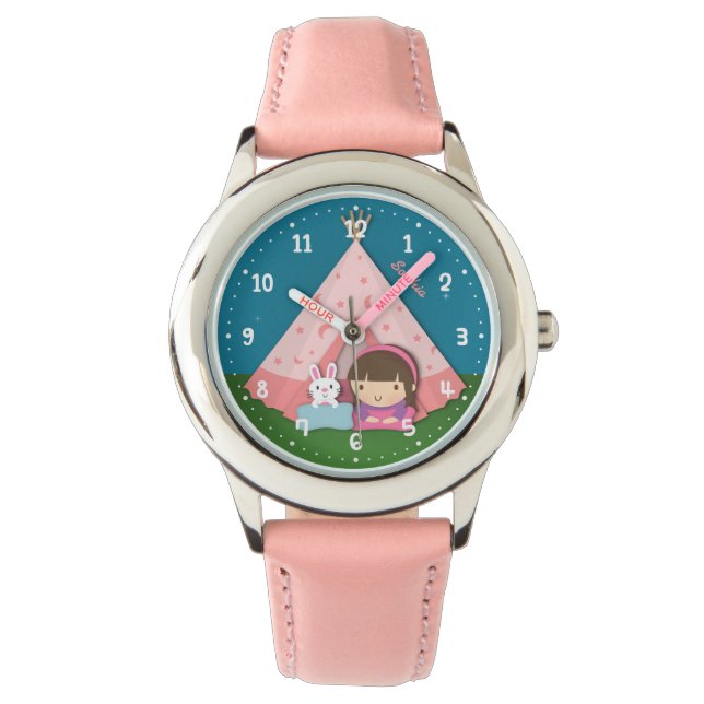Camp Teepee Tent Bunny Girls Personalised Watch (Front)