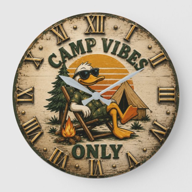 Camp Vibes Only Funny Camping Duck Rustic Outdoor  Large Clock (Front)