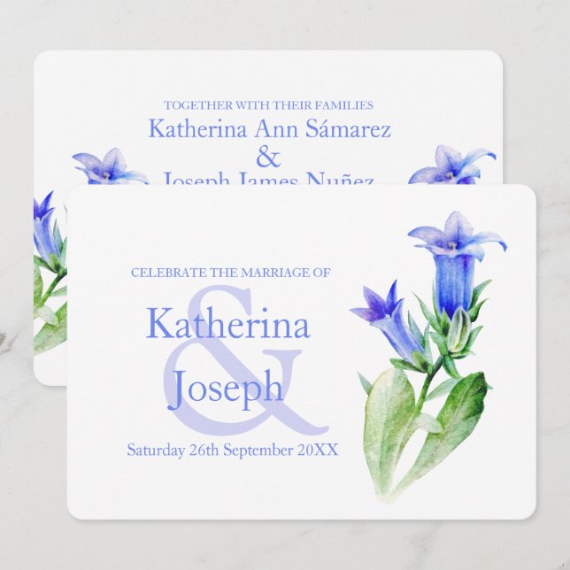 Campanula flower watercolor blue wedding invite (Front/Back)