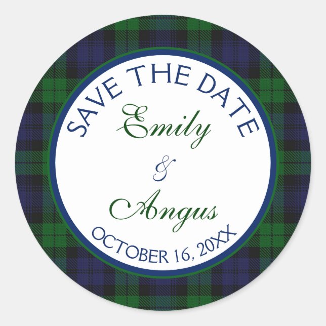 Campbell Black Watch Tartan Wedding Save a Date Classic Round Sticker (Front)