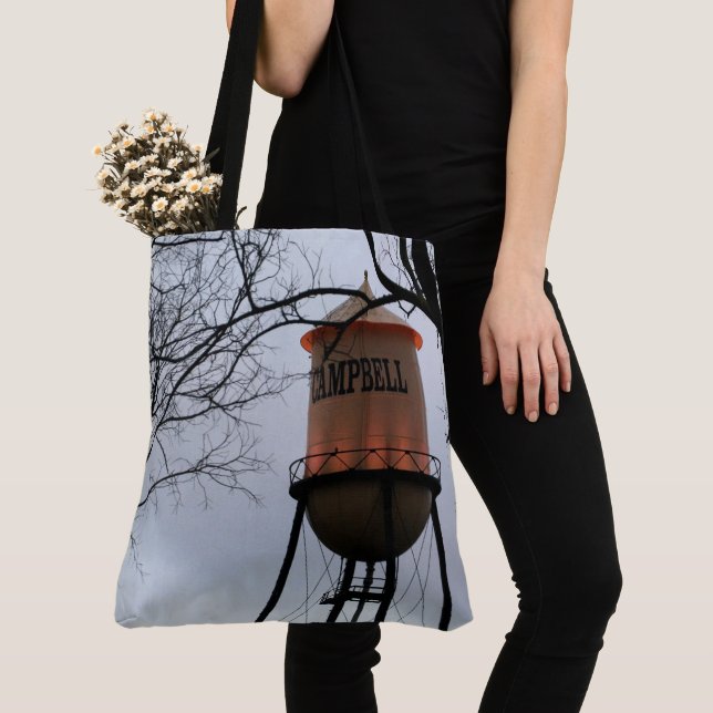 Campbell CA Water Tower Brushed Polyester Tote (Close Up)