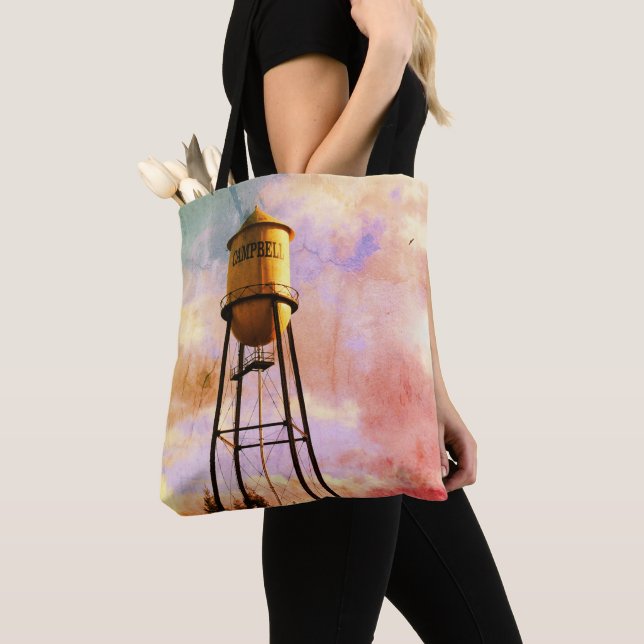 Campbell CA Water Tower Brushed Polyester Tote (Close Up)