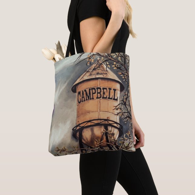 Campbell CA Water Tower Brushed Polyester Tote Bag (Close Up)