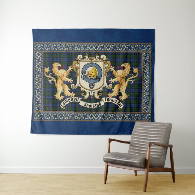 Campbell Clan Badge & Tartan w/Lions Tapestry (In Situ (Horizontal))