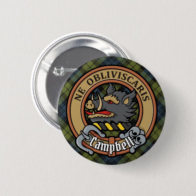 Campbell Crest over Tartan 6 Cm Round Badge (Front & Back)