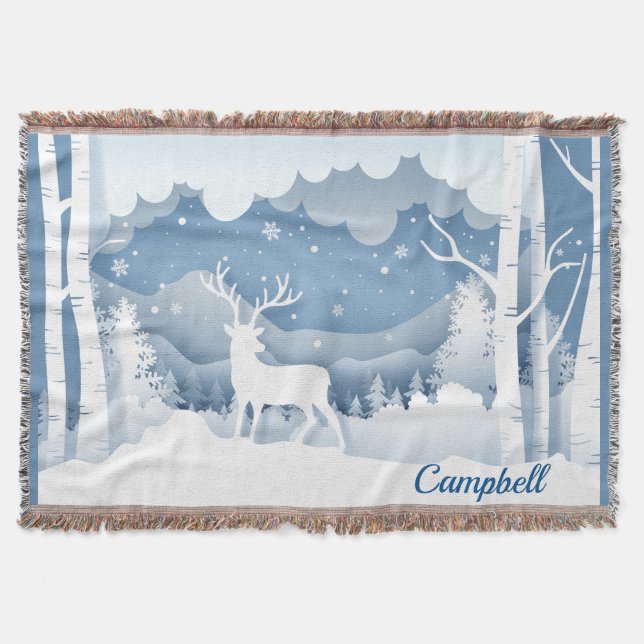 Campbell Personalised White Stag Winter Scene Throw Blanket (Front)