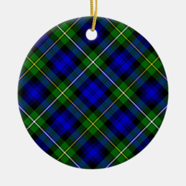 Campbell tartan blue green plaid ceramic tree decoration (Front)