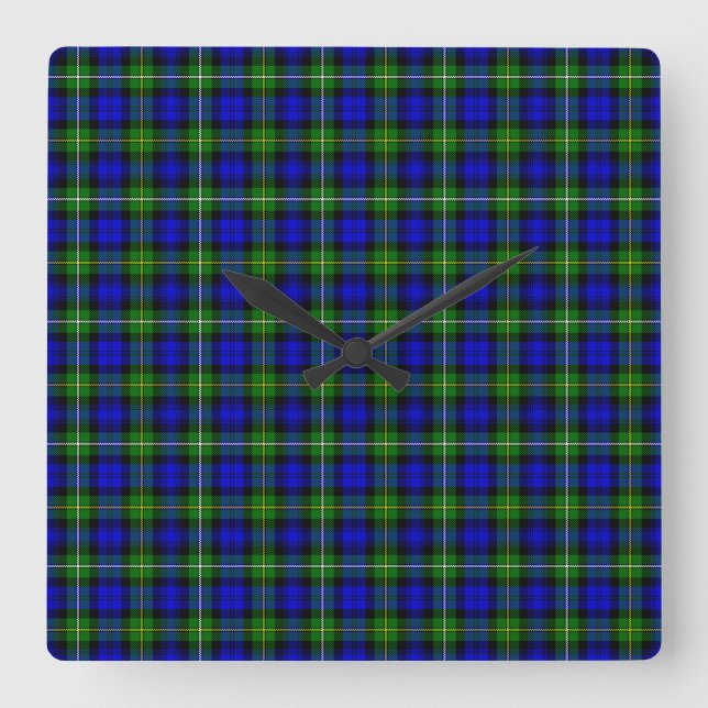 Campbell tartan blue green plaid square wall clock (Front)