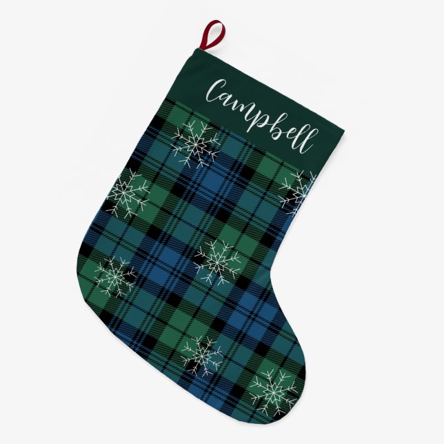 Campbell Tartan Green Blue Snowflakes Rustic Plaid Large Christmas Stocking (Front (Hanging))