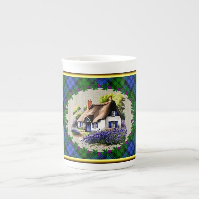 Campbell Thatched Cottage & Tartan Personalised Bone China Mug (Front)