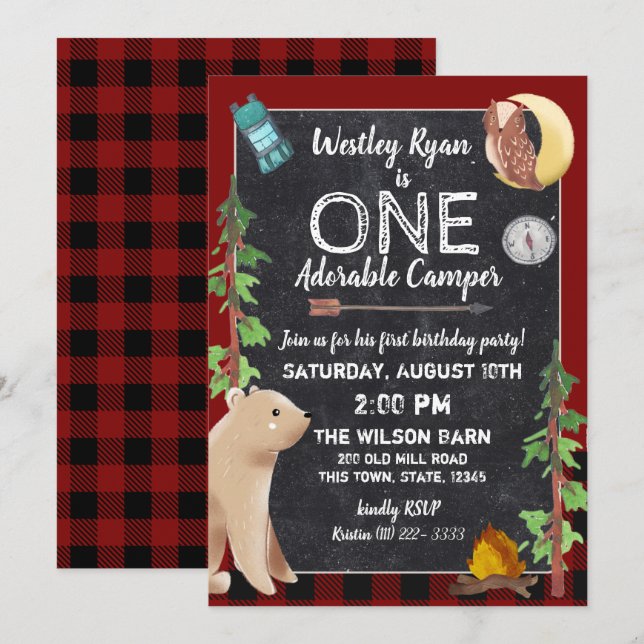 Camper Buffalo Plaid 1st Birthday Camping Invitation (Front/Back)