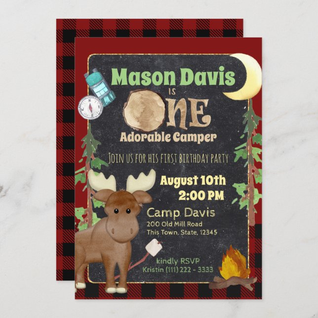 Camper Buffalo Plaid 1st Birthday Camping Invitation (Front/Back)