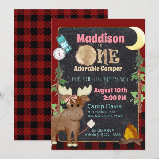 Camper Buffalo Plaid 1st Birthday Camping Invitation (Front/Back)