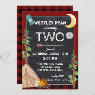 Camper Buffalo Plaid Birthday Camping Invitation