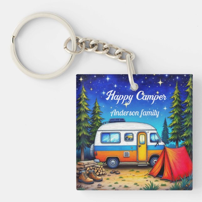 Camper Camping Blue Green Nature Watercolor  Key Ring (Front)