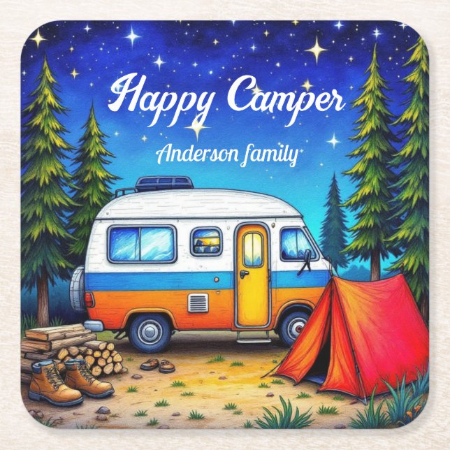 Camper Camping Blue Green Nature Watercolor Square Paper Coaster (Front)