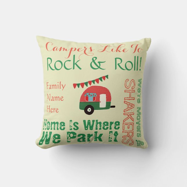 Camper Caravan Sayings Retro Red Green Wordcloud Cushion (Front)