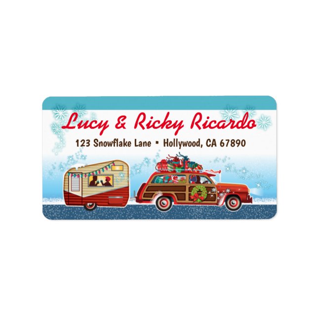 Camper + Classic Car Christmas Card Address Labels (Front)