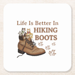 Camper Gift   Life Is Better In Hiking Boots Cat Square Paper Coaster