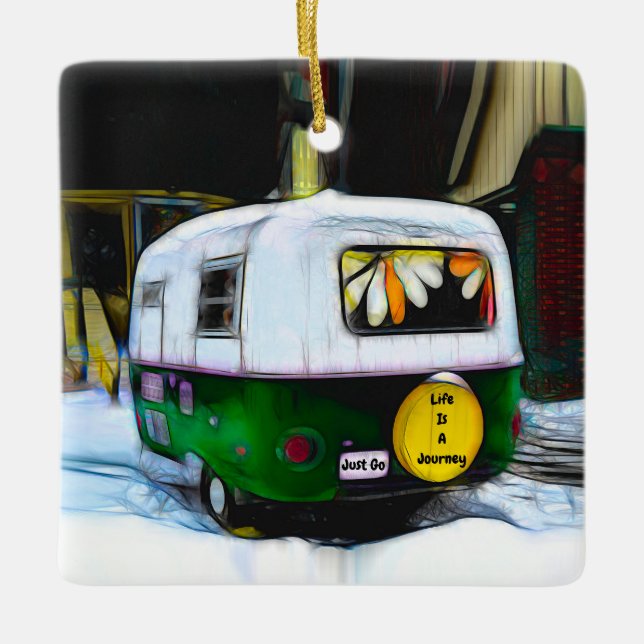 Camper Hippie Life Is A Journey Just Go Retro Ceramic Ornament (Front)