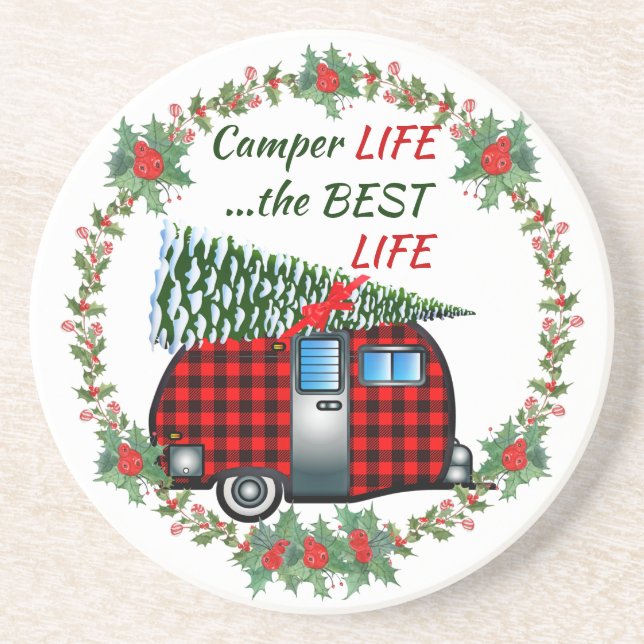 Camper Life Best Life Retro Christmas Coaster (Front)