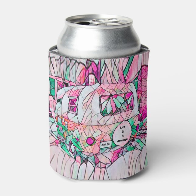 Camper Life Is A Journey Just Go Pink Green Hippie Can Cooler (Can Front)
