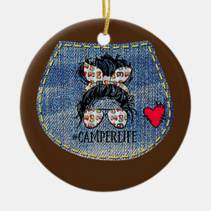 Camper Life Messy Bun Mothers Day Camping Lovers Ceramic Tree Decoration