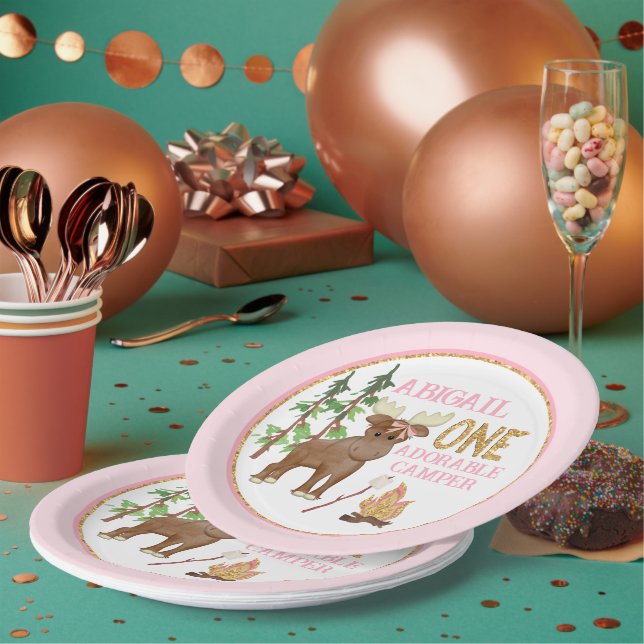Camper Pink Buffalo 1st Birthday with Moose Paper Plate (Multi)