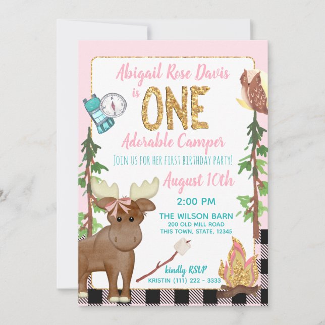 Camper Pink Buffalo Plaid 1st Birthday Camping Invitation (Front)