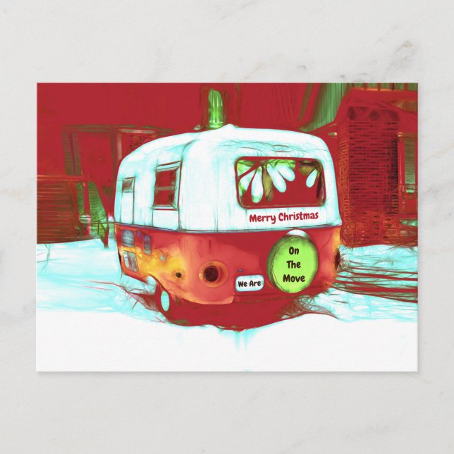 Camper Retro Christmas Red Green Vintage Moving Postcard (Front)