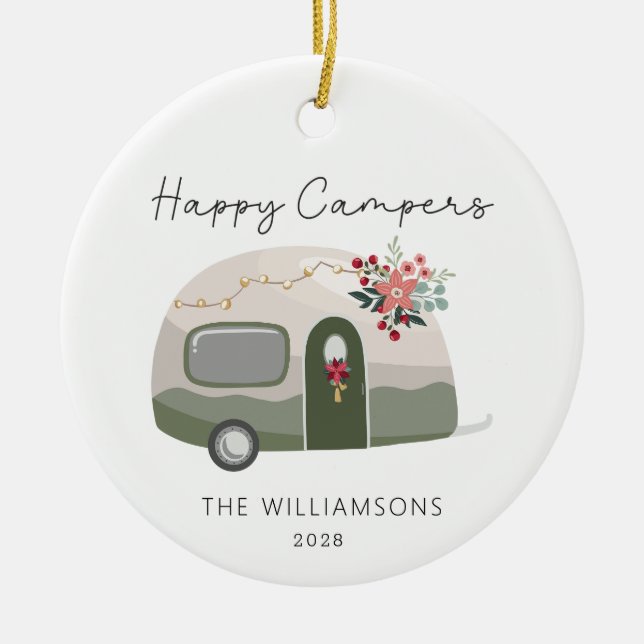 Camper Retro Green Christmas  Ceramic Tree Decoration (Front)