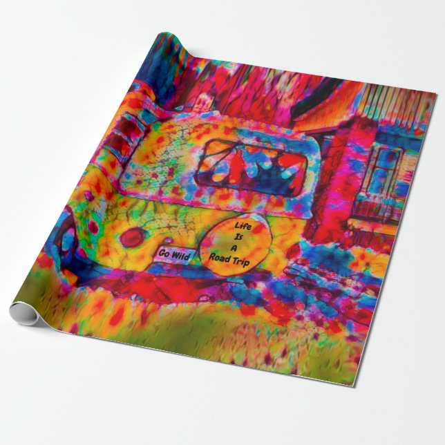 Camper Retro Hippie Colourful Life Is A Road Trip Wrapping Paper (Unrolled)