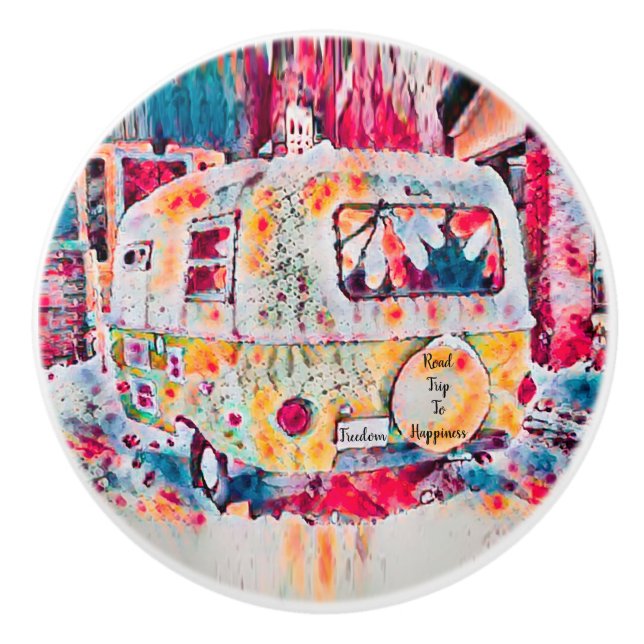 Camper Retro Hippie Road Trip To Happiness Freedom Ceramic Knob (Front)