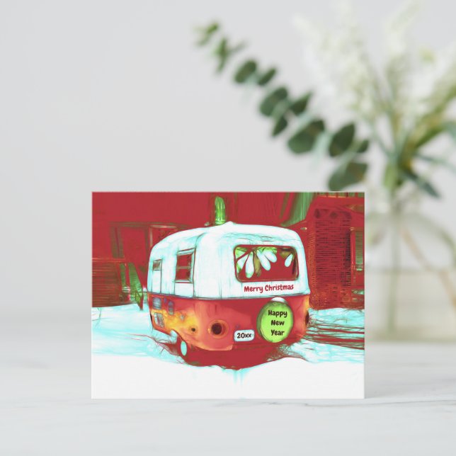 Camper Retro Vintage Christmas Red Green Holiday Postcard (Standing Front)