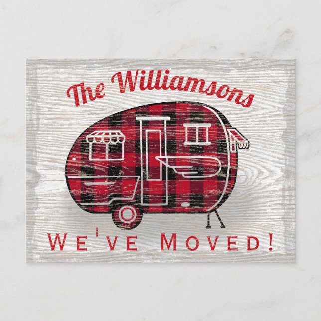 Camper Rustic Red Black Buffalo Plaid Moving Announcement Postcard (Front)