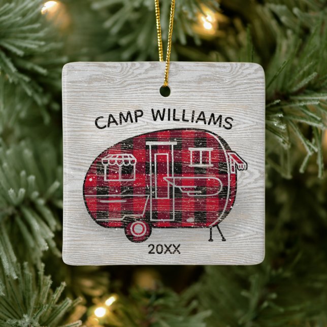 Camper Rustic Red Buffalo Plaid Family Name Xmas Ceramic Ornament (Tree)