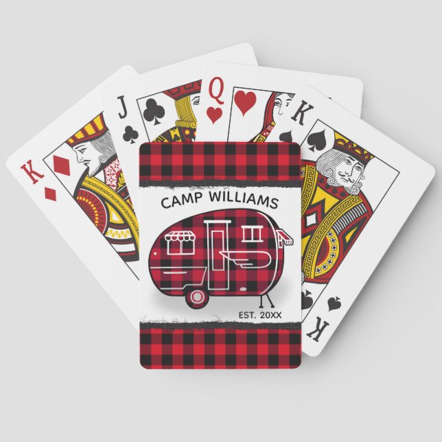 Camper Rustic Red Buffalo Plaid Monogram Name Playing Cards (Back)