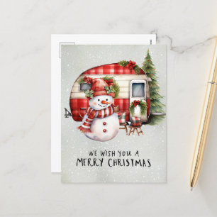 Camper Snowman Camping Christmas Themed Holiday Postcard