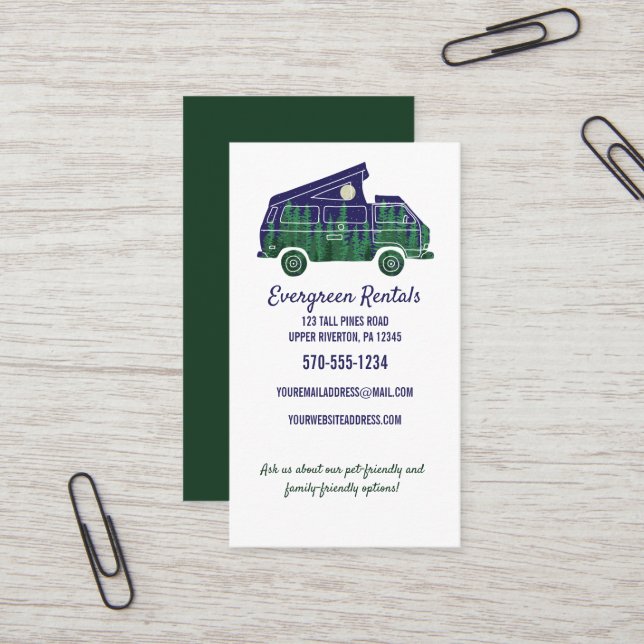 Camper Van Camping Woods Themed Business Card (Front/Back In Situ)
