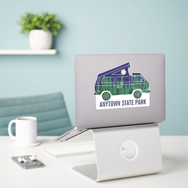 Camper Van with Pop Up Tent Custom Text Graphic (Laptop On Desk)