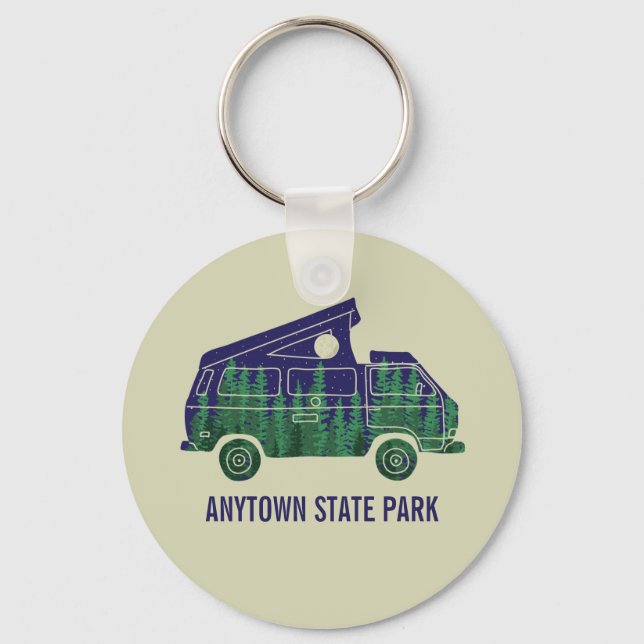 Camper Van with Pop Up Tent Custom Text Graphic Key Ring (Front)